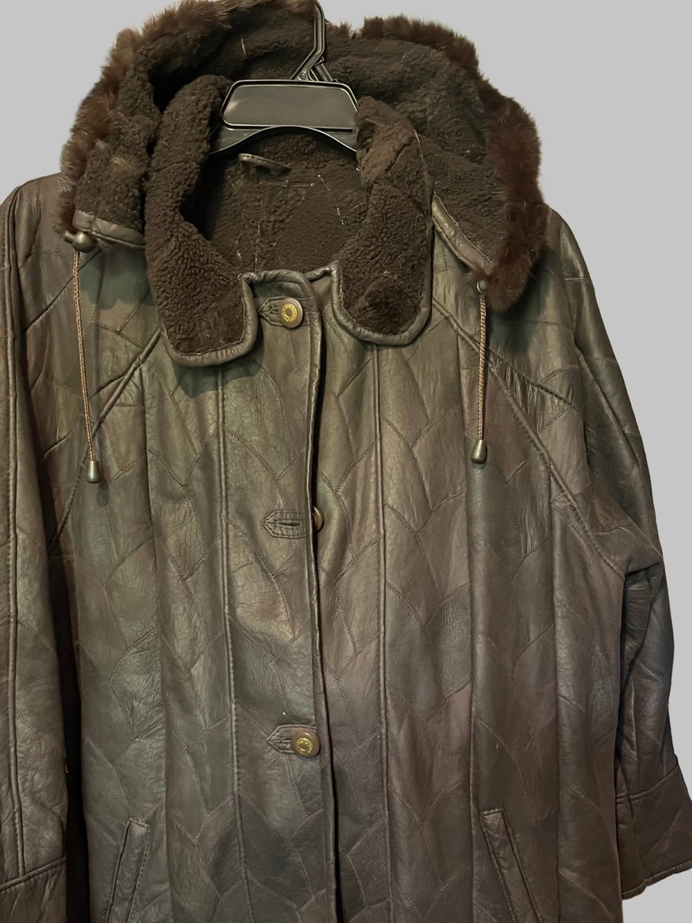 Vintage Goldstein Brown Leather Coat Woman’s Quilted Patchwork Fur Zip Collar